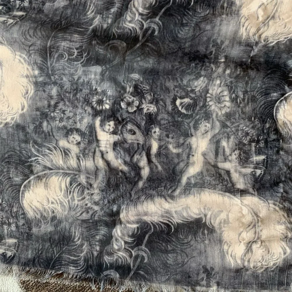 Maison Scotch Mythological Cherubs Scarf Wrap Black Beige Art Renaissance Sheer